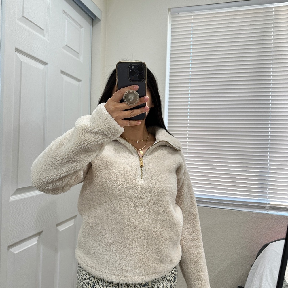 LAUREN RALPH LAUREN CREAM POLAR SHERPA FAUX SHEARLING 1/4 ZIP PULLOVER